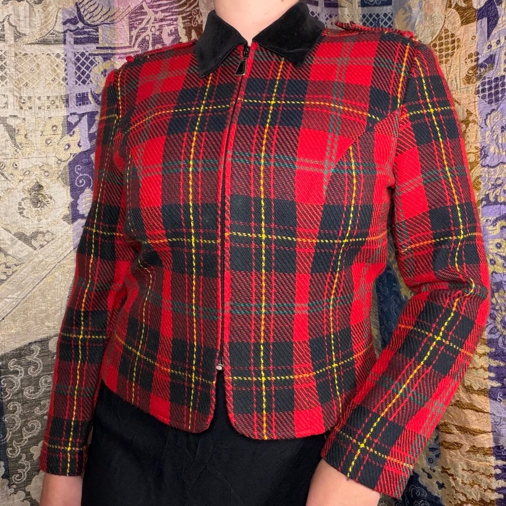 Red Plaid Preppy Punk Equestrian Fitted Zip Up Old Money Bomber Jacket Size M